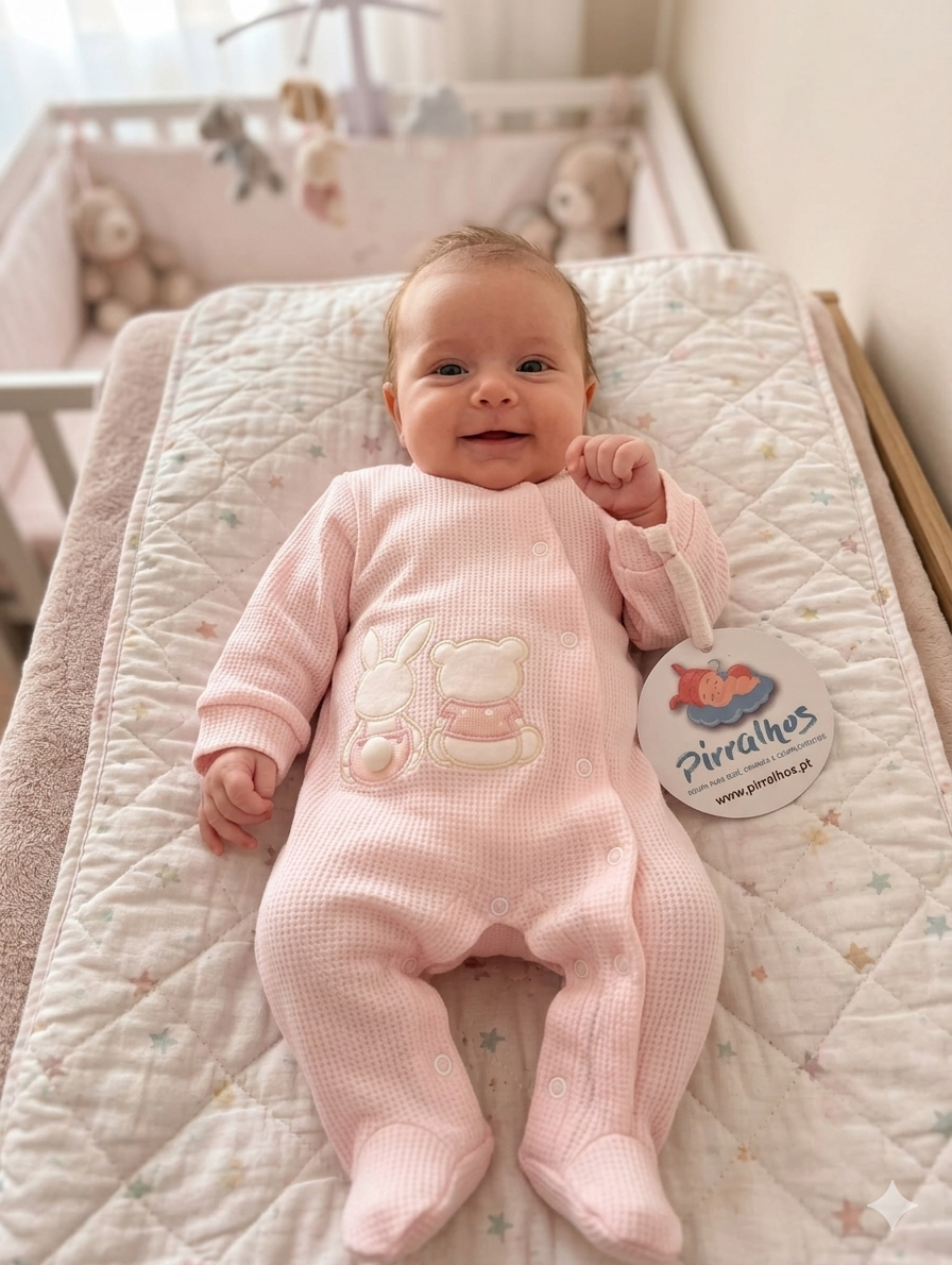 Bebé com pijama cor de rosa de malha com desenhos de coelho e urso deitada em almofada acolchoada com padrão de estrelas