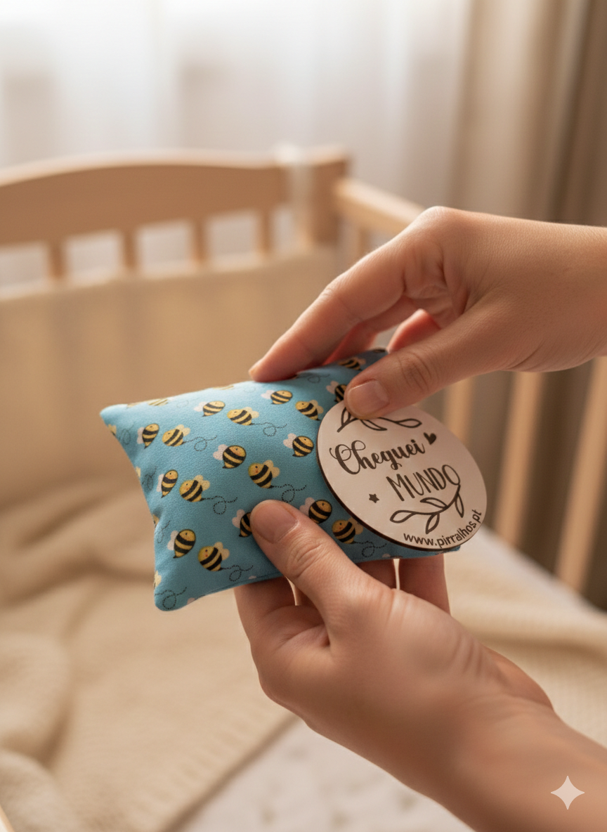 Almofada azul com abelhas e etiqueta branca com texto segurada por mãos em frente a berço de madeira