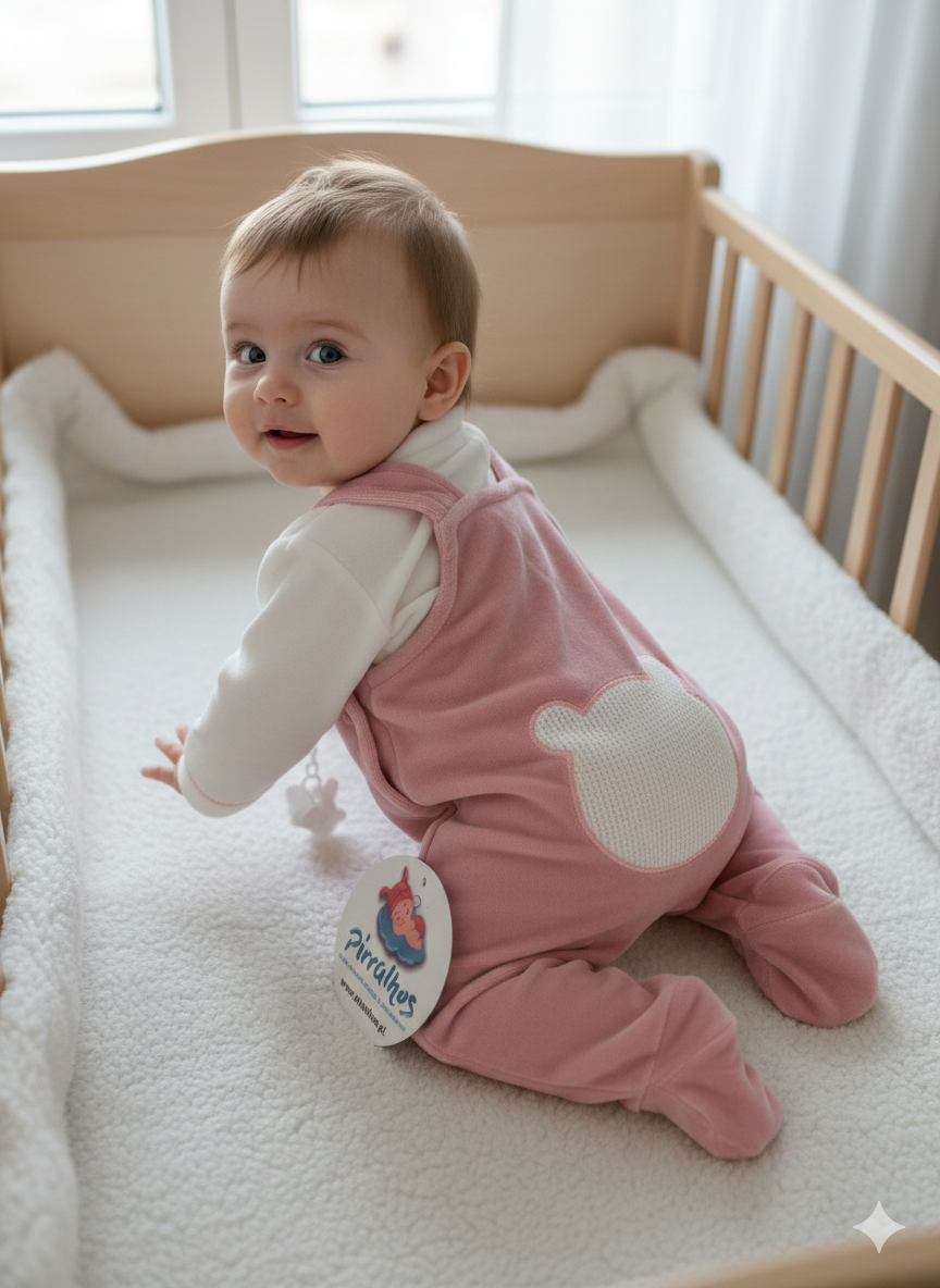 Bebé com roupa rosa com padrão de urso numa cama de grades clara
