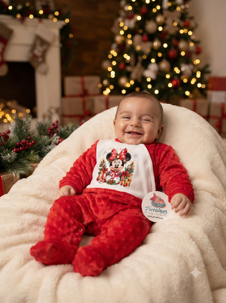 Bebé com fato natalício vermelho e branco com estampa Minnie Mouse sentado em almofada creme