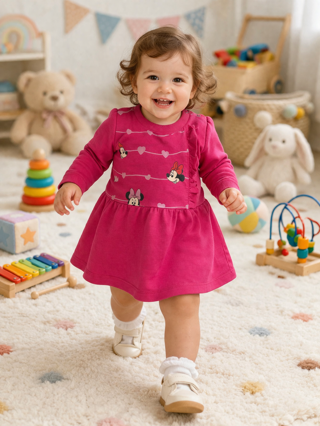 Bebé com vestido rosa e estampas da Minnie num quarto infantil com brinquedos coloridos e tapete felpudo.