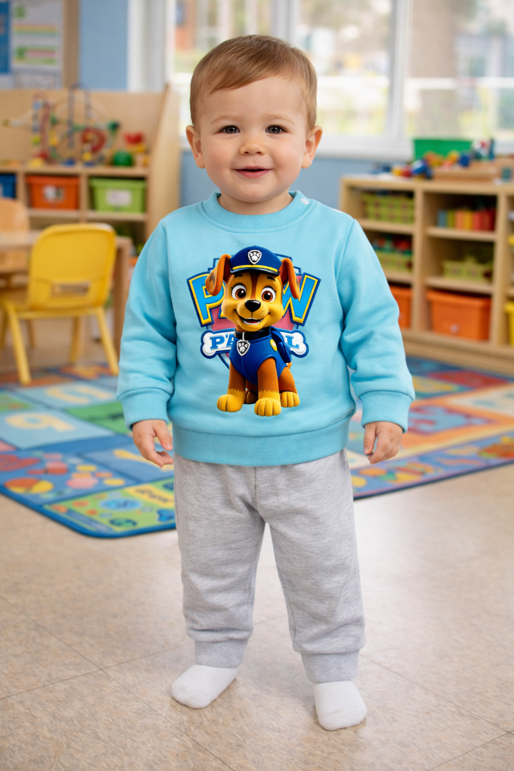 Criança com sweatshirt azul claro e calças cinza em sala de aula colorida