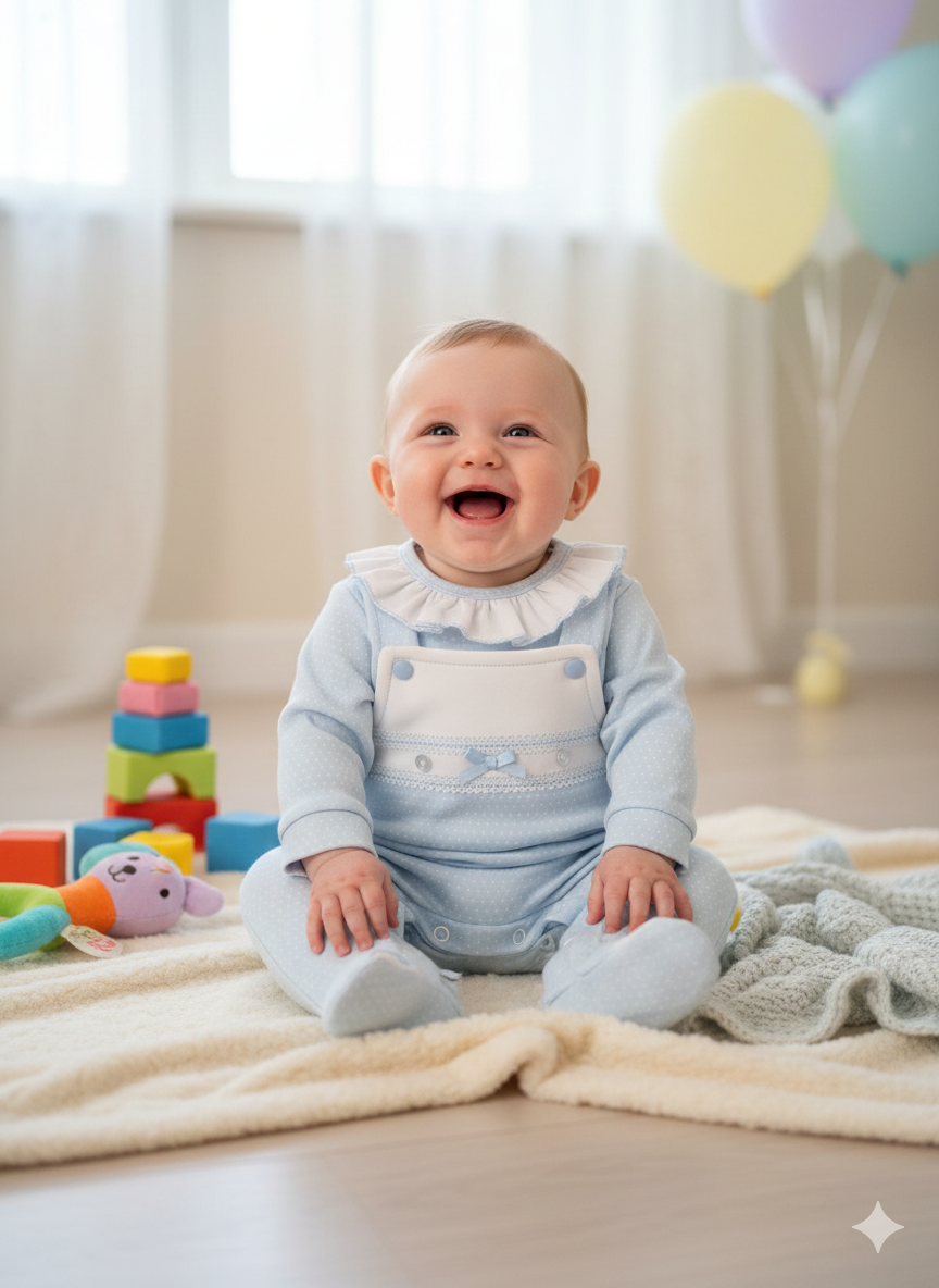 Bebé sorridente com macacão azul claro sentado em cobertor com brinquedos e balões ao fundo
