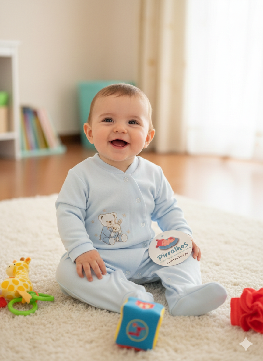 Bebé com fato de corpo azul claro sentado num tapete com brinquedos ao redor