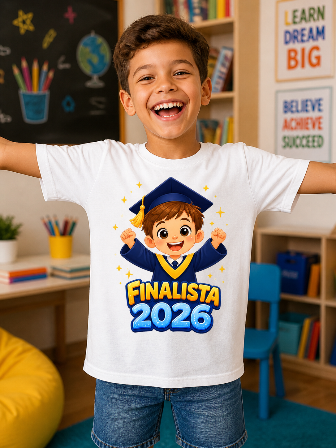 Camisola branca com desenho de menino a graduar e texto FINALISTA 2026