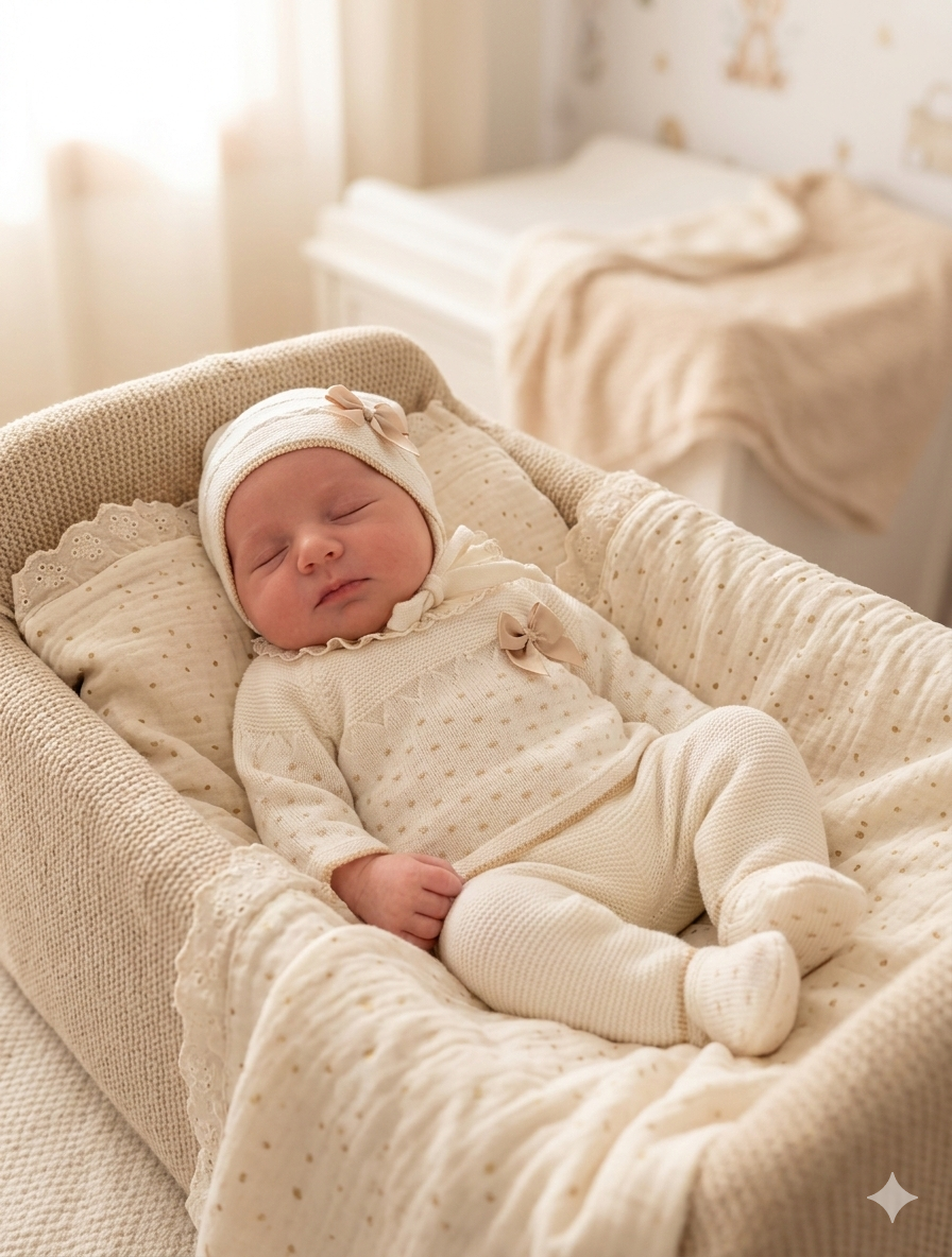 Bebé recém-nascido em cesta de tecido creme com roupa de malha creme