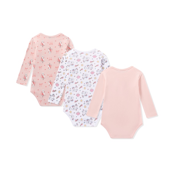 Conjunto de três bodies de manga comprida para bebé em algodão rosa e estampados.