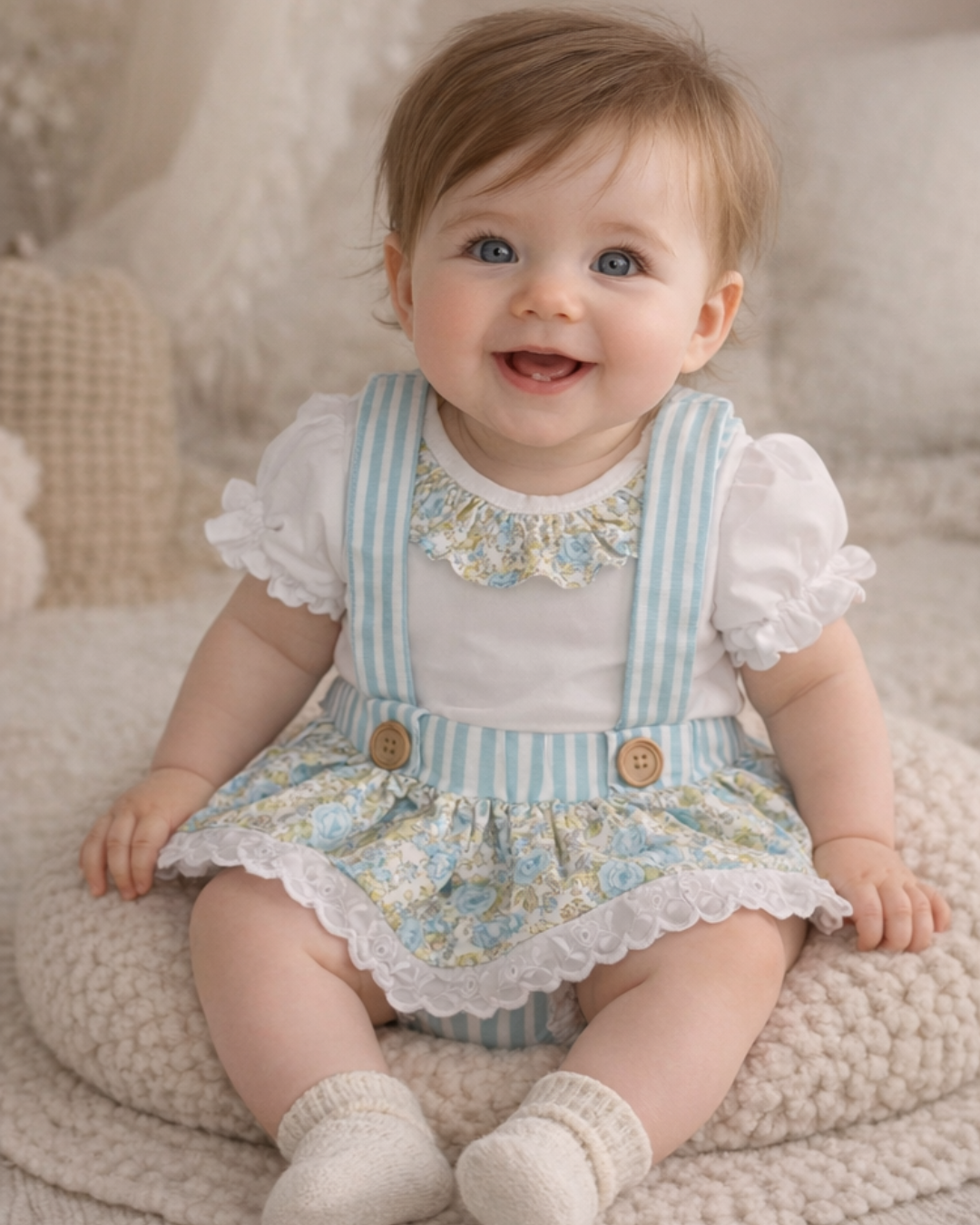 Bebé sorridente com vestido floral azul e alças às riscas azuis sentada em manta bege