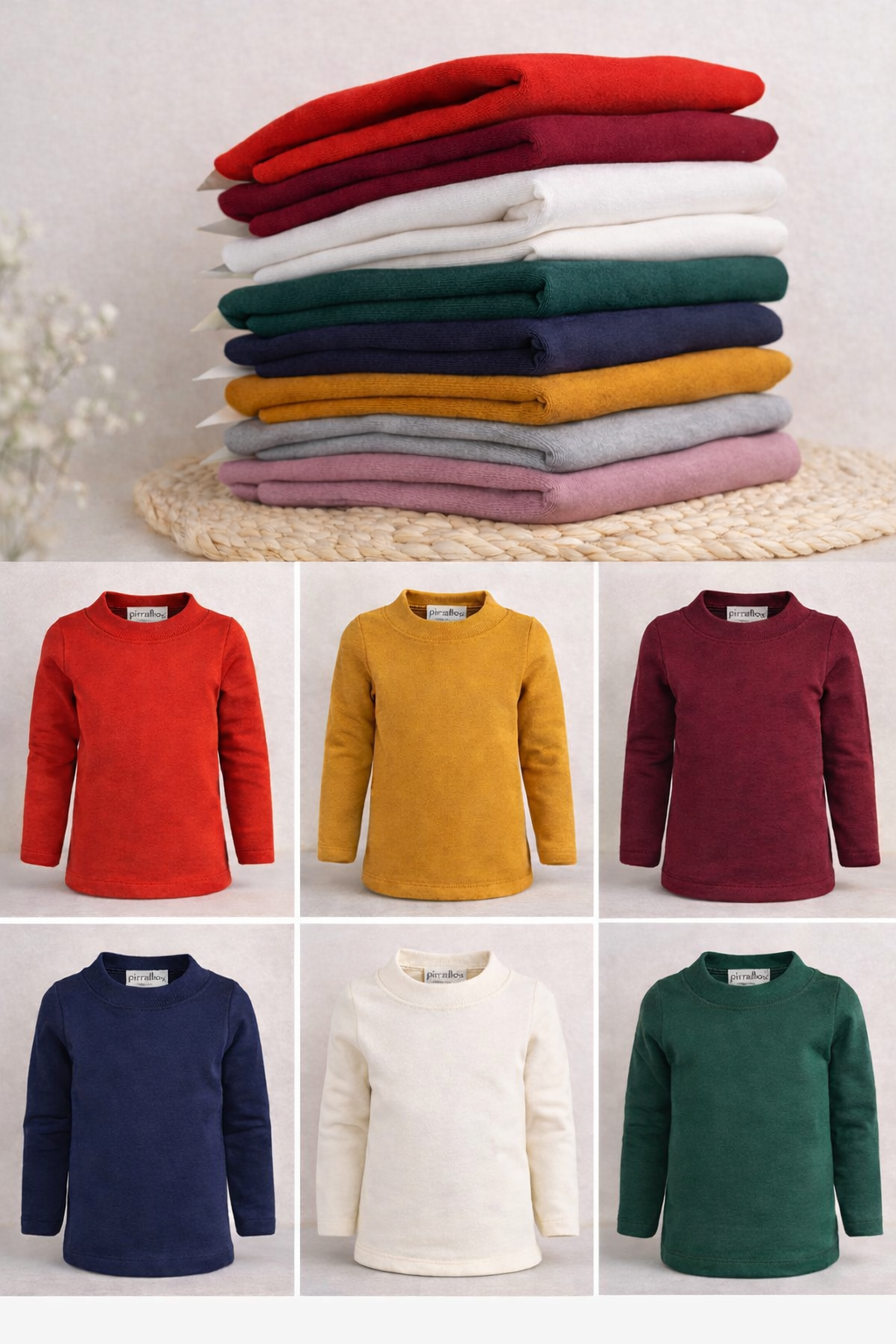 Camisolas de manga comprida coloridas empilhadas e exibidas individualmente