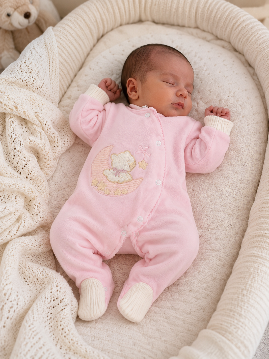 Bebé a dormir vestido com macacão rosa com motivo bordado, deitado em berço bege acolchoado com manta de malha