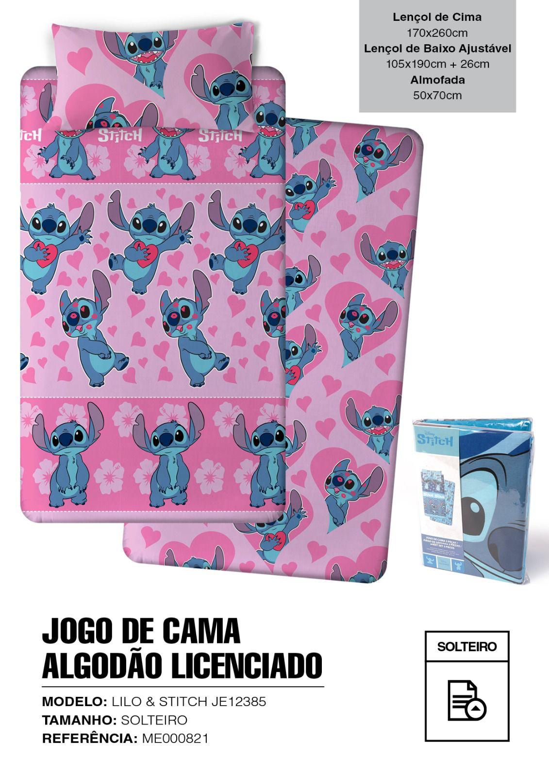 Jogo de cama solitário Stitch azul sobre fundo rosa com corações e flores