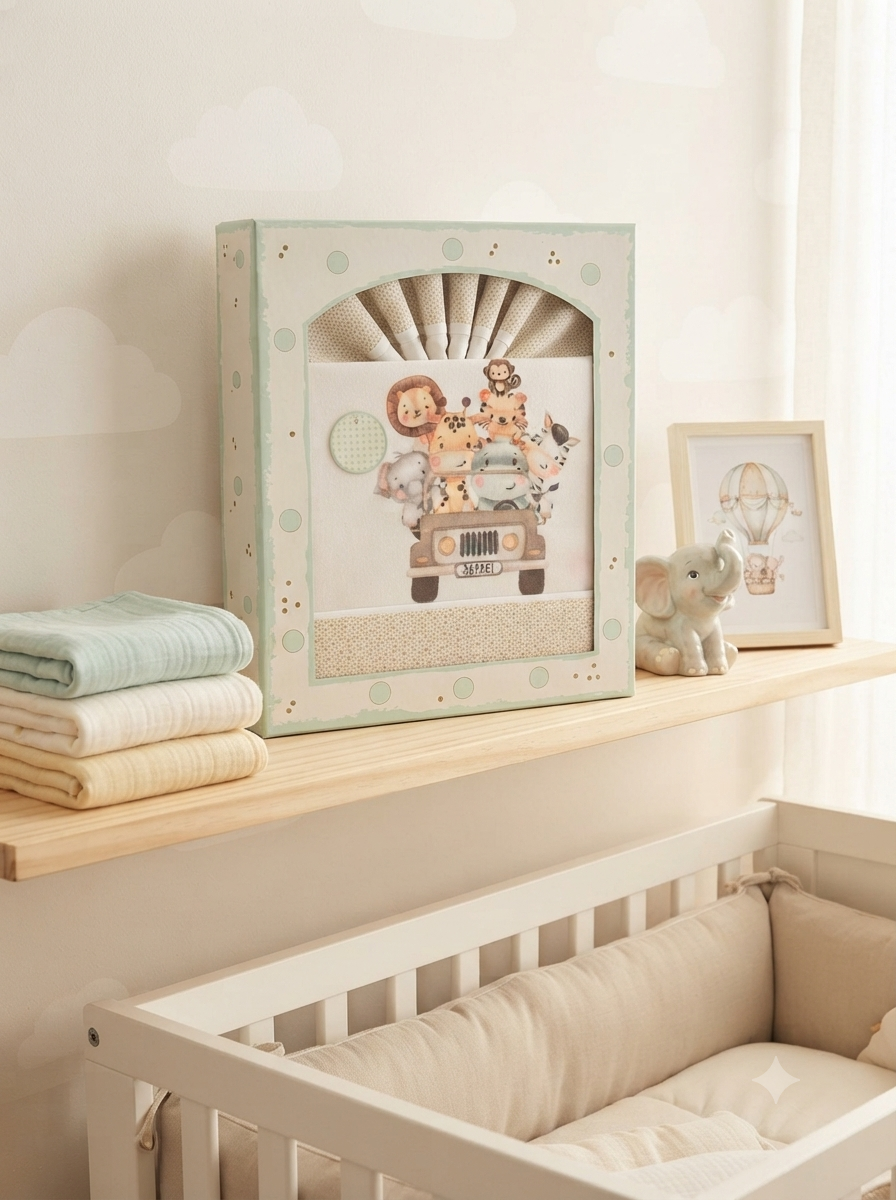 Conjunto de roupa de cama de bebé com estampa de animais, embalado numa caixa decorada, ao lado de toalhas e decoração de bebê num ambiente suave.