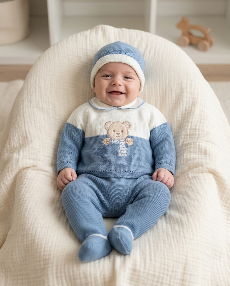 Bebé com conjunto de malha azul e branca com urso bordado sentado em almofada creme.