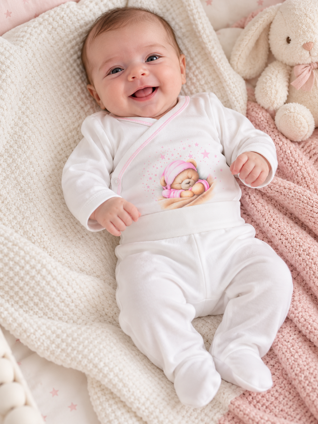 Bebé a sorrir vestido com macacão branco com urso rosa, deitado sobre mantas e peluche