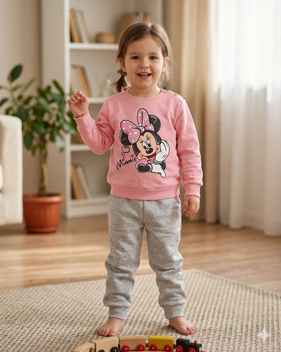 Criança de pijama com estampa da Minnie em sala de estar com tapete e brinquedo de comboio.