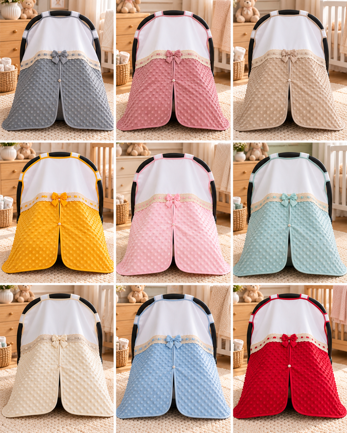 Nove capas de carrinho de bebé coloridas com laços e renda, em ambiente de quarto infantil.