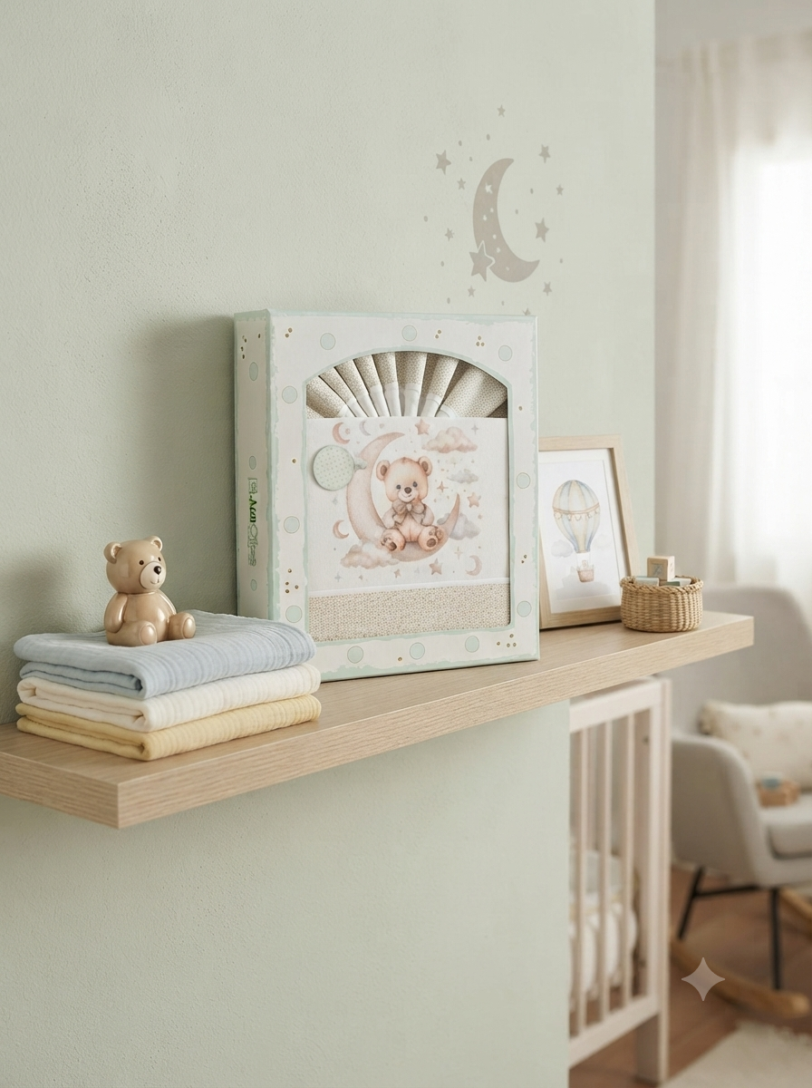 Prateleira com toalhas coloridas, ursinho de cerâmica, caixa decorativa de ursinho, moldura e cesta de vime numa sala de bebé