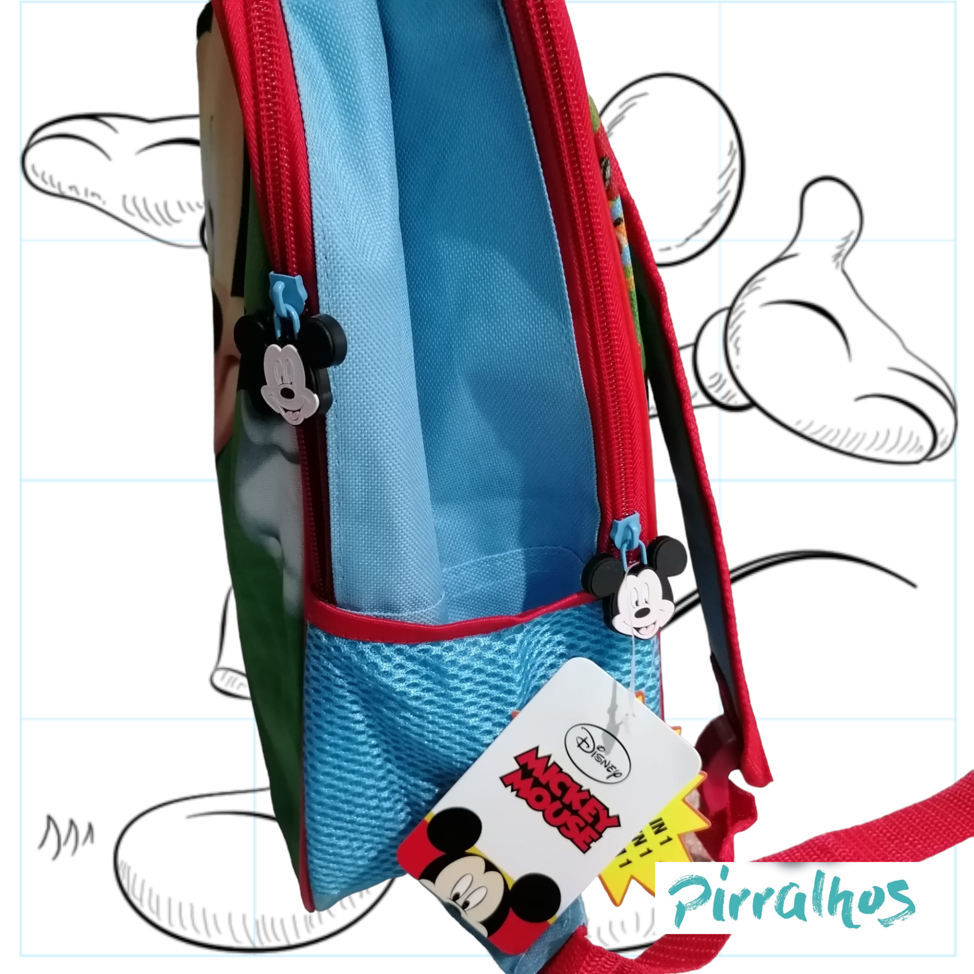 Mochila azul, verde e vermelho com zíper Mickey e etiqueta Disney Mickey Mouse