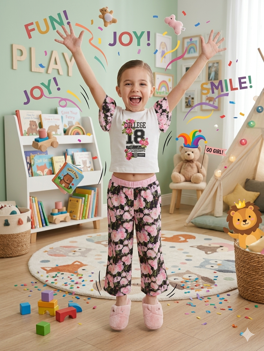 Menina com pijama floral rosa e preto numa sala de brinquedos para crianças.