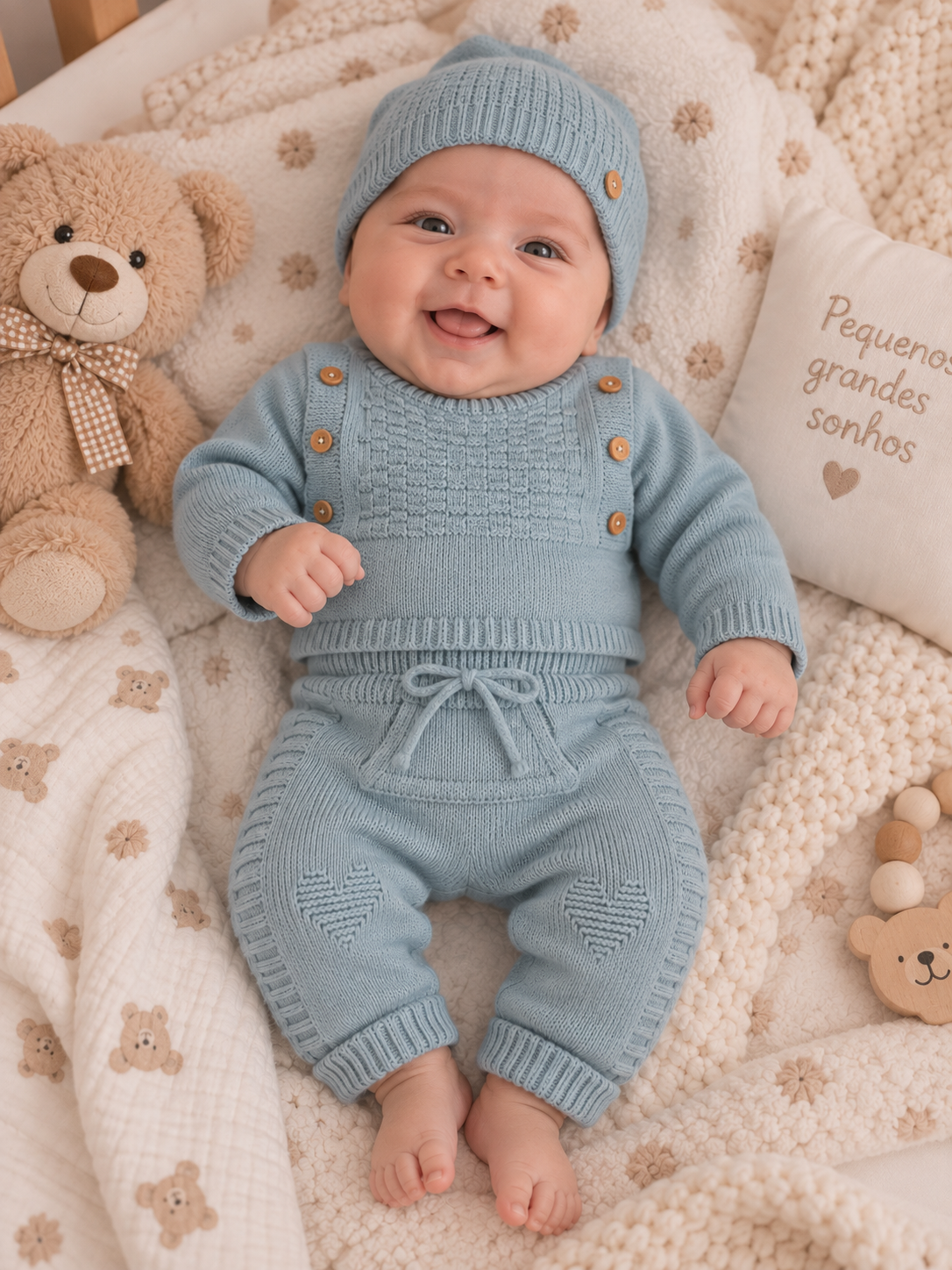 Bebé com roupa de malha azul claro deitado em manta clara com ursinhos
