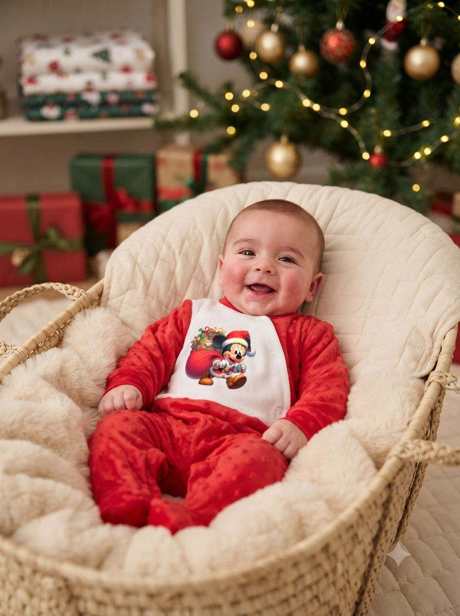 Bebé em pijama vermelho com tema de Natal sentado em cesta de vime acolchoada