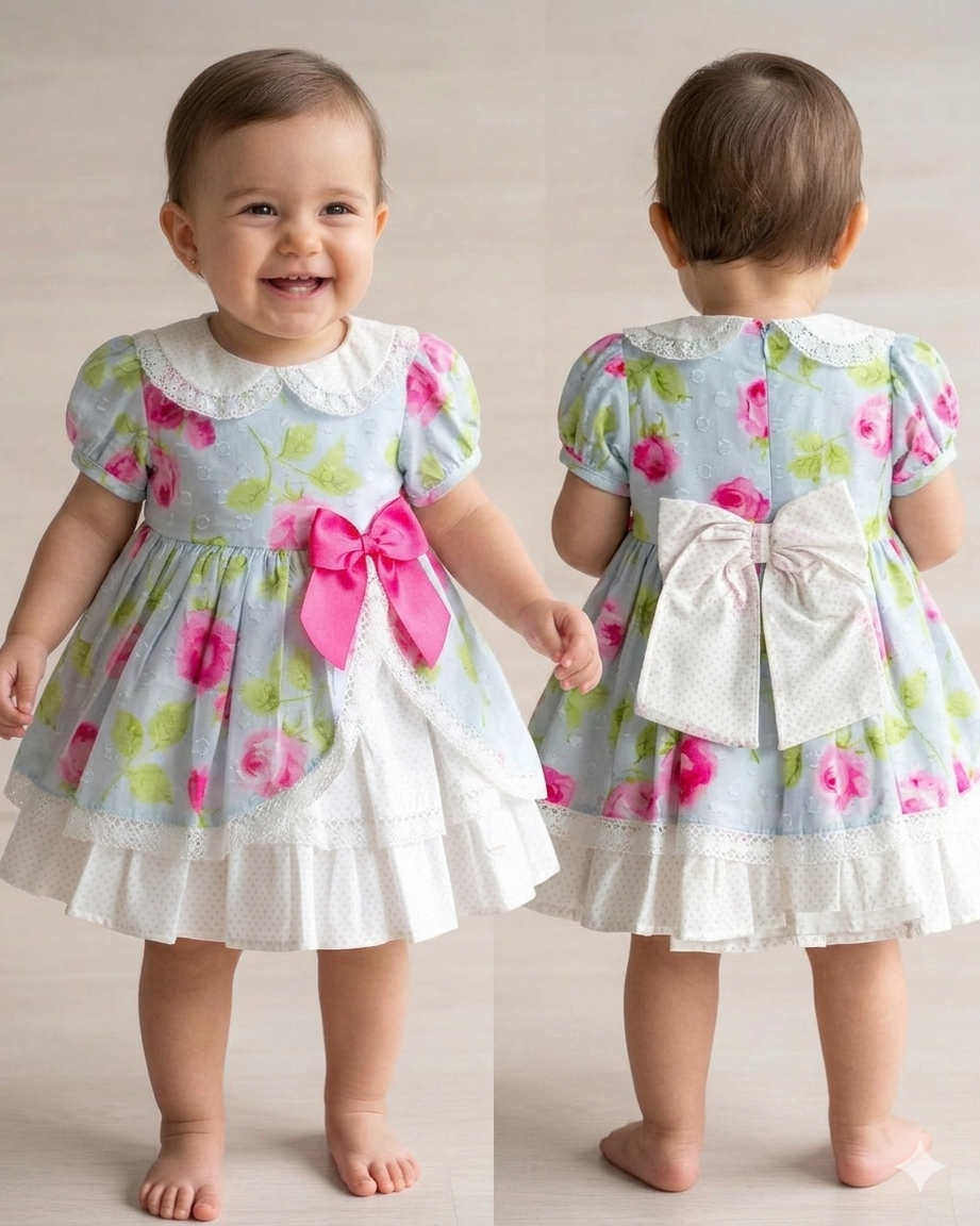 Vestido de bebé azul claro com padrão floral rosa e verde, gola branca com renda e laços destacáveis na frente e atrás