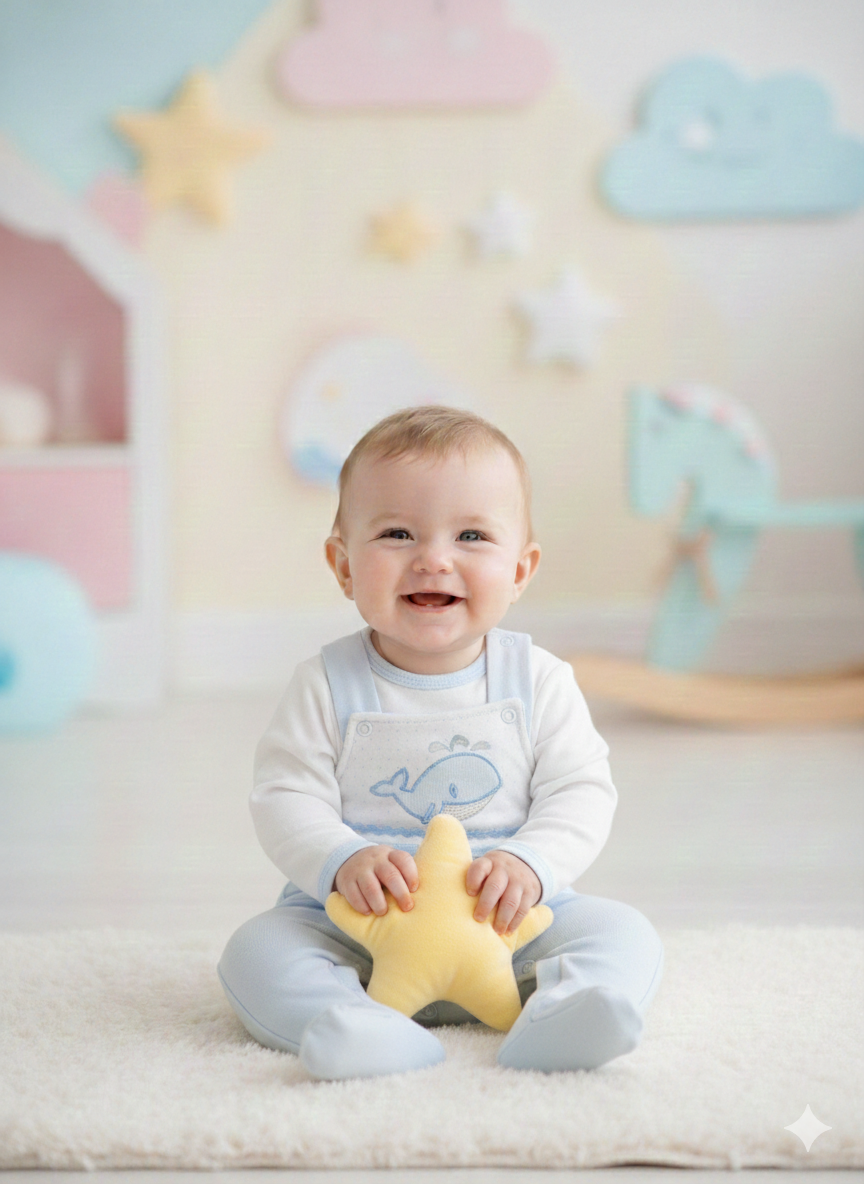 Bebé sorridente sentado num tapete segurando brinquedo amarelo em quarto colorido.