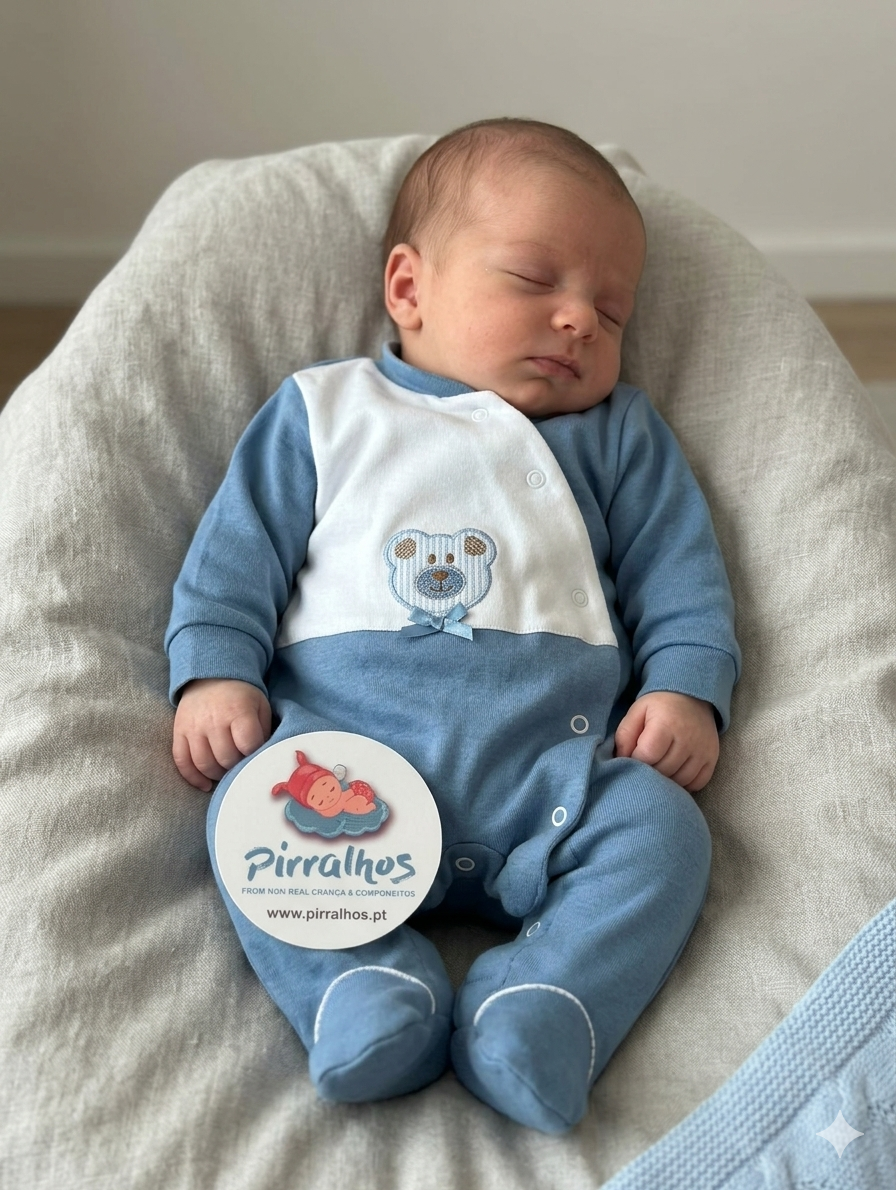 Bebé adormecido com pelele azul e branco com ursinho bordado e etiqueta redonda da marca Pirralhos