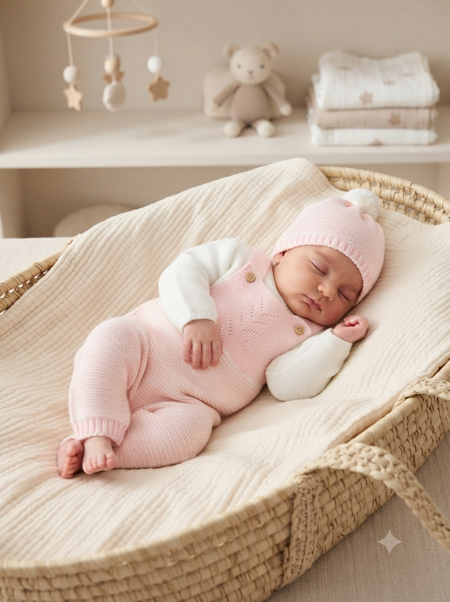 Bebé adormecido em cesta de palha com roupa de malha rosa e branca num quarto neutro e decorado com brinquedo e peluche.