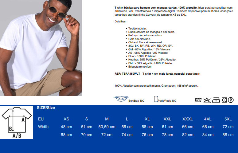 T-shirt básica branca masculina com tabela de tamanhos UE