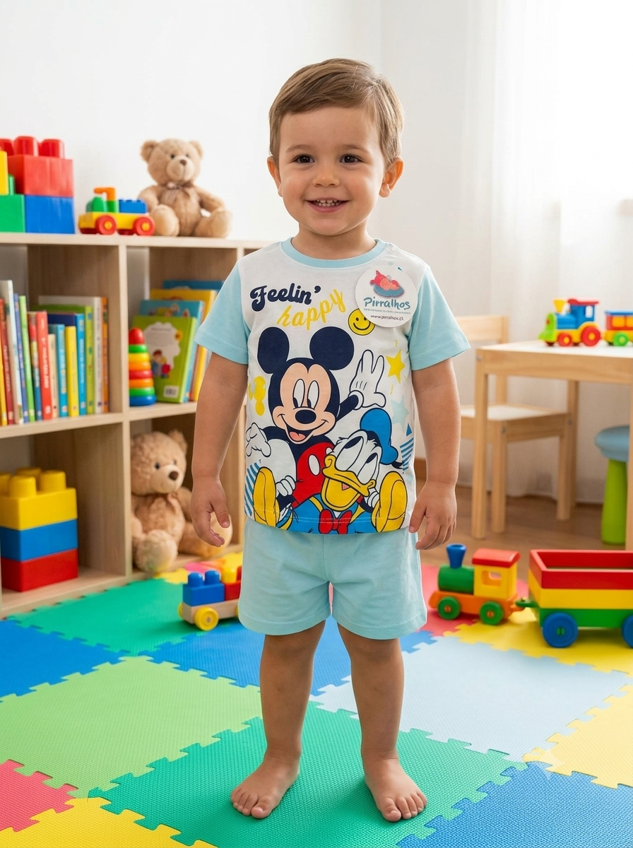 Criança com pijama azul claro e estampa da Disney em ambiente de brincadeiras colorido.