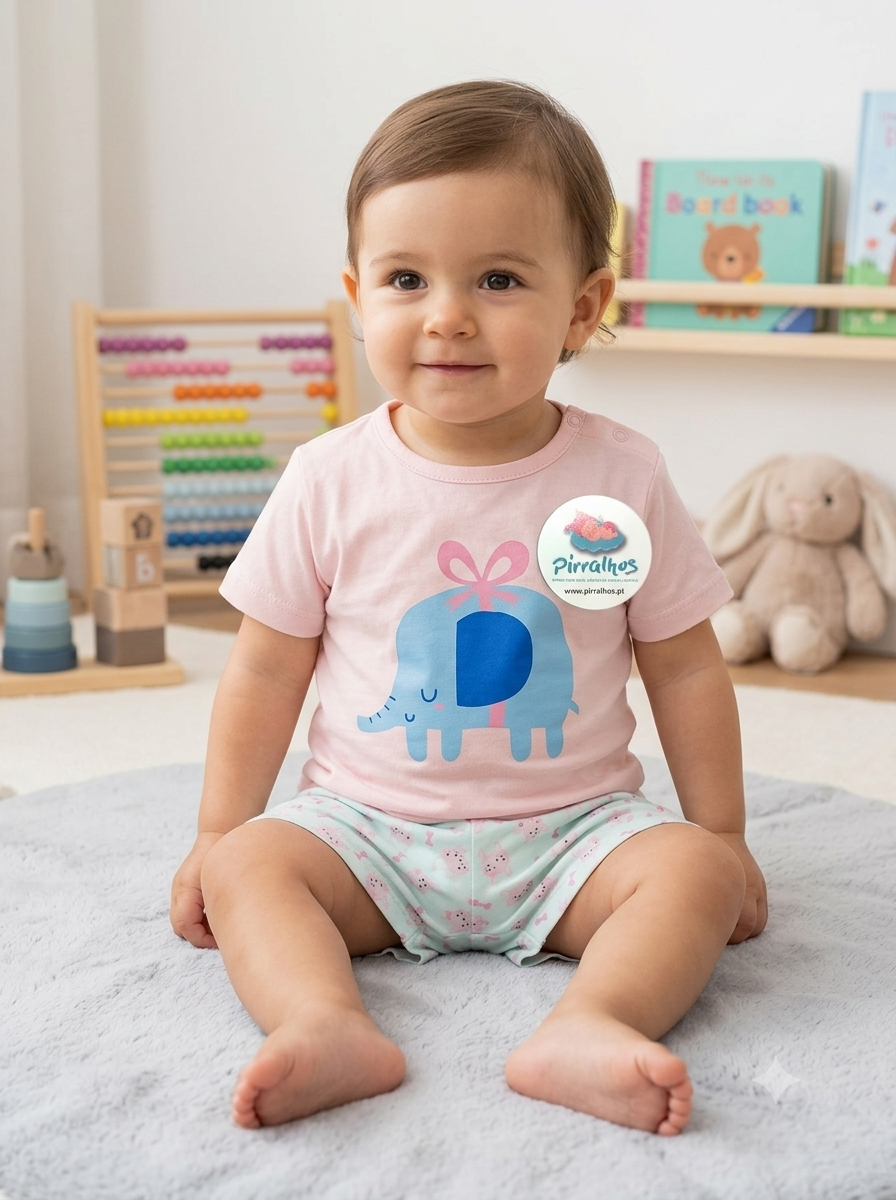 Criança sentada a usar roupas de algodão com elefante estampado, rodeada de brinquedos e livros infantis