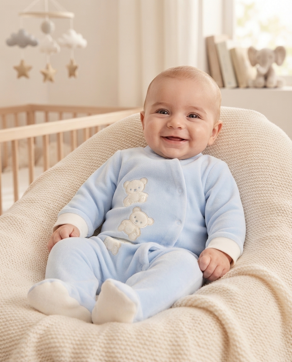 bebé com macacão azul com ursinhos numa almofada creme em quarto de bebé