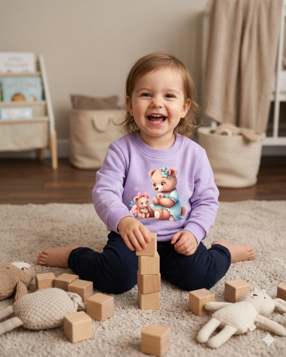 Menina sorridente com camisola lilás com estampa de ursos e calças pretas sentada a brincar com cubos de madeira e peluches num tapete bege.