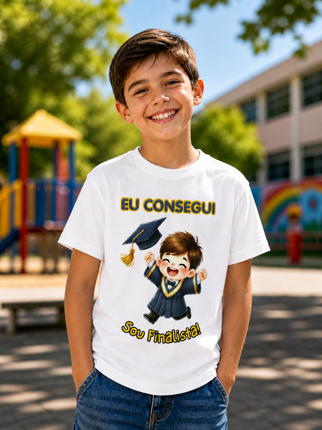 Menino sorridente com t-shirt branca estampada com personagem e texto sobre formatura numa área infantil exterior