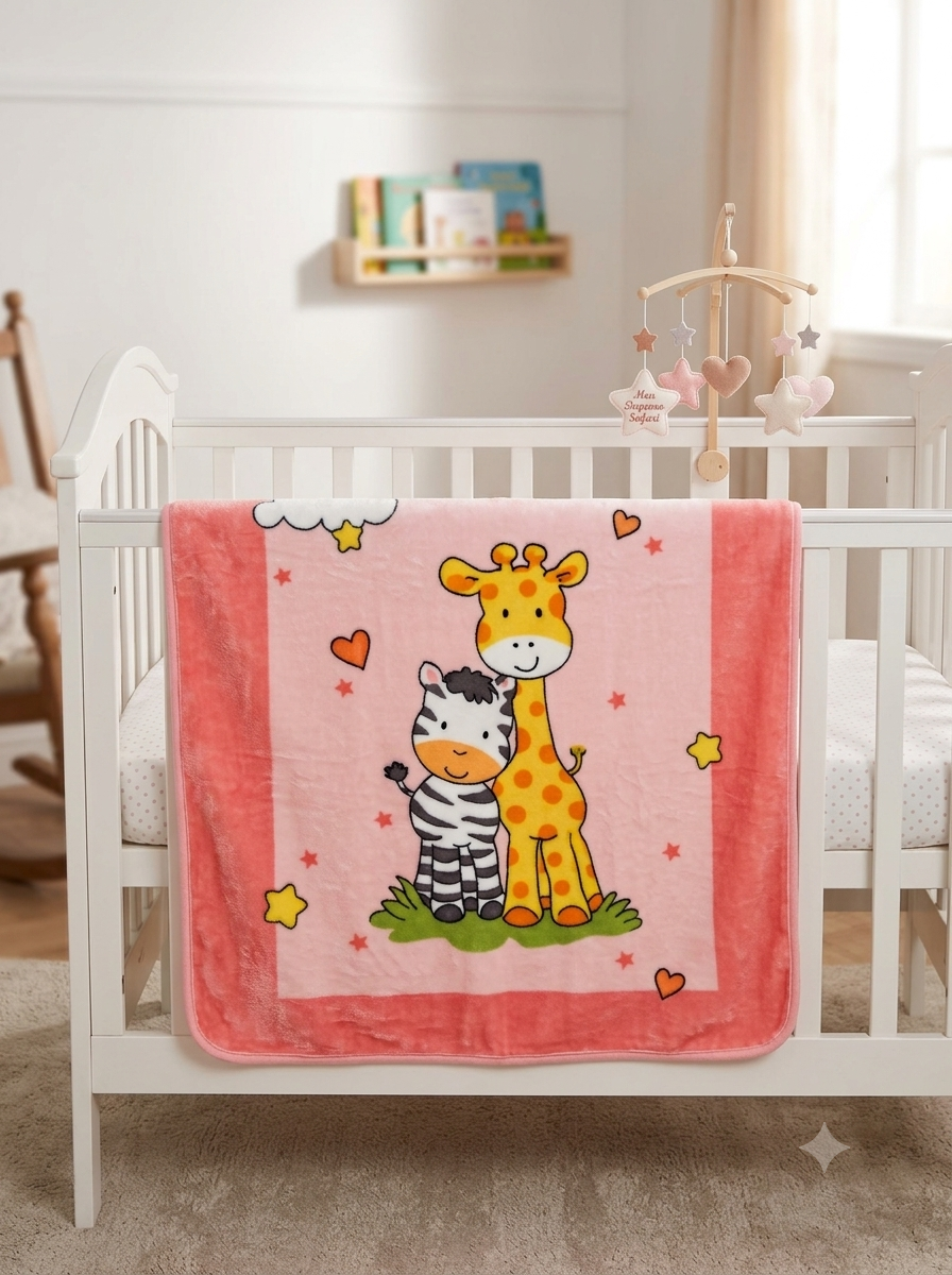 Manta cor-de-rosa com girafa e zebra pendurada em berço branco