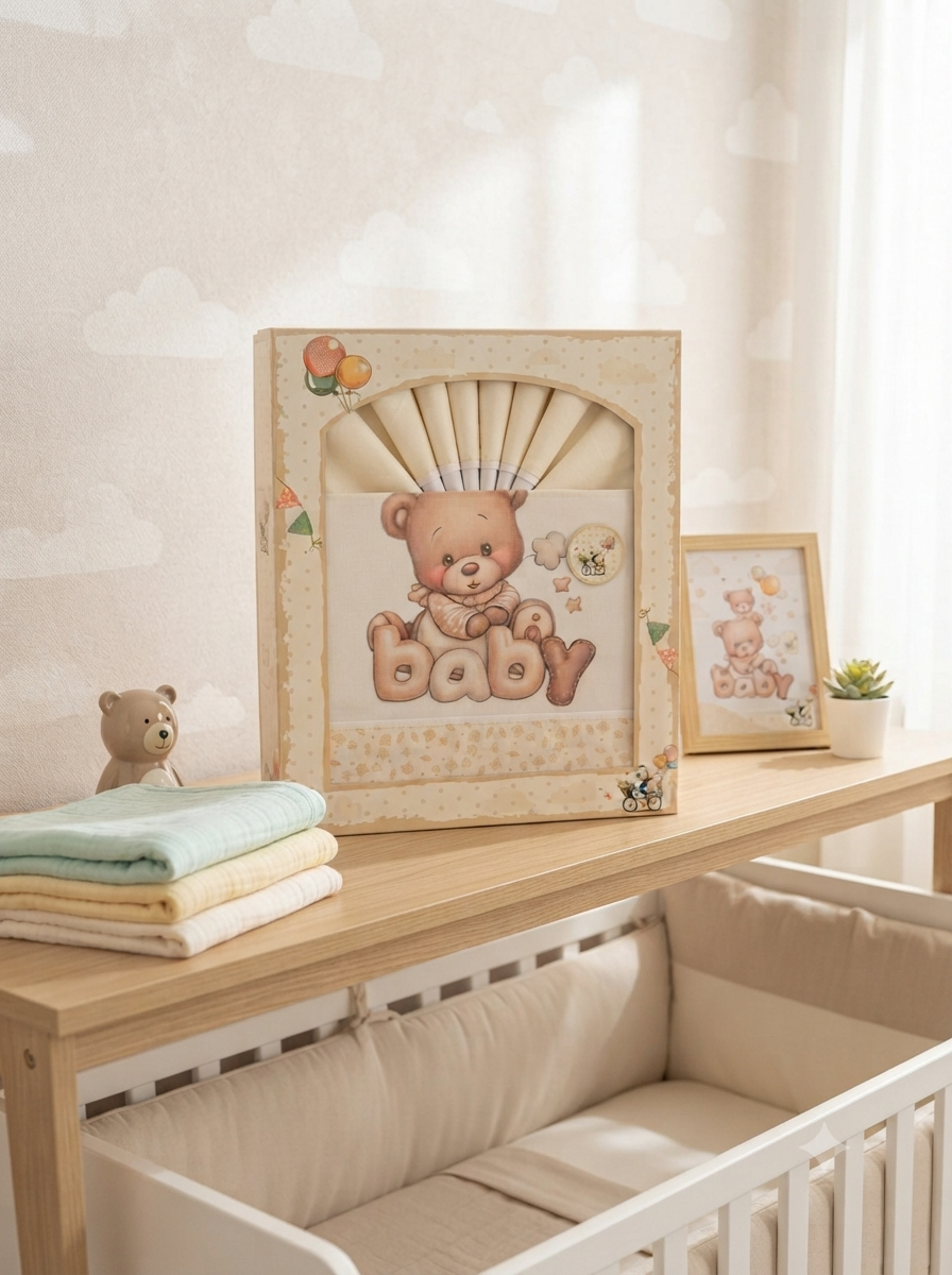 Caixa de têxteis para bebé com urso e texto baby sobre móvel de madeira com acessórios de bebé