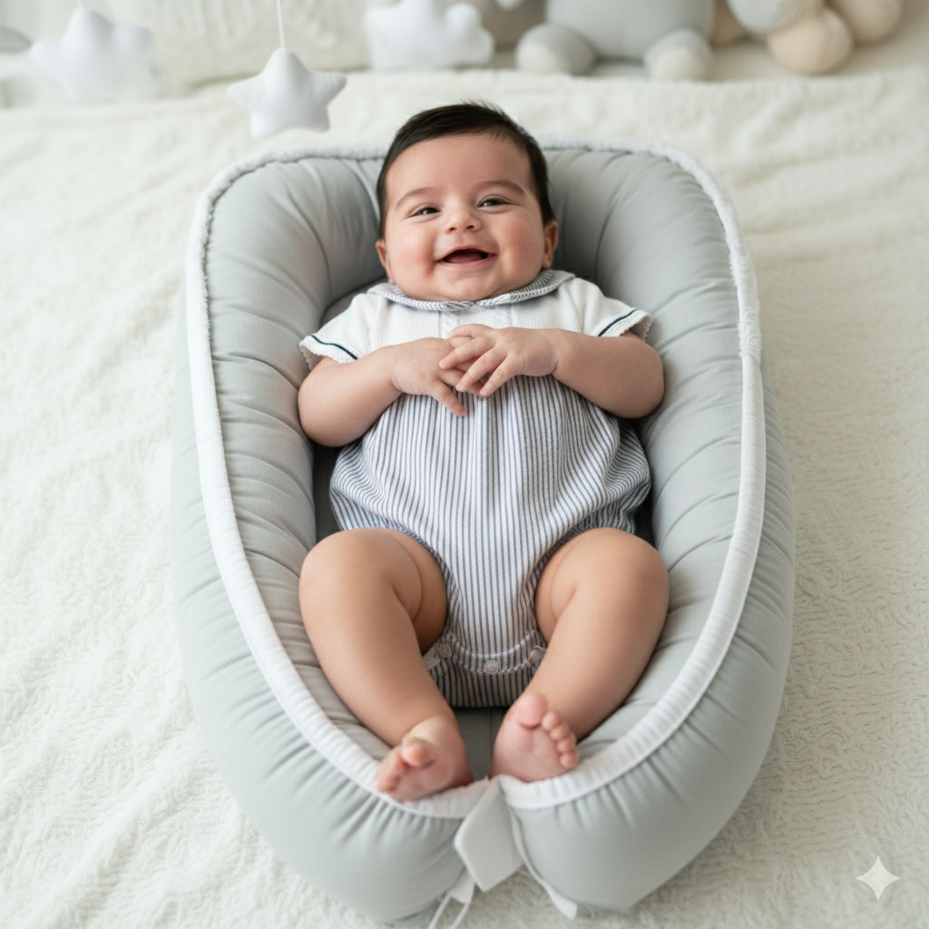 Bebé sorridente deitado num ninho acolchoado cinzento