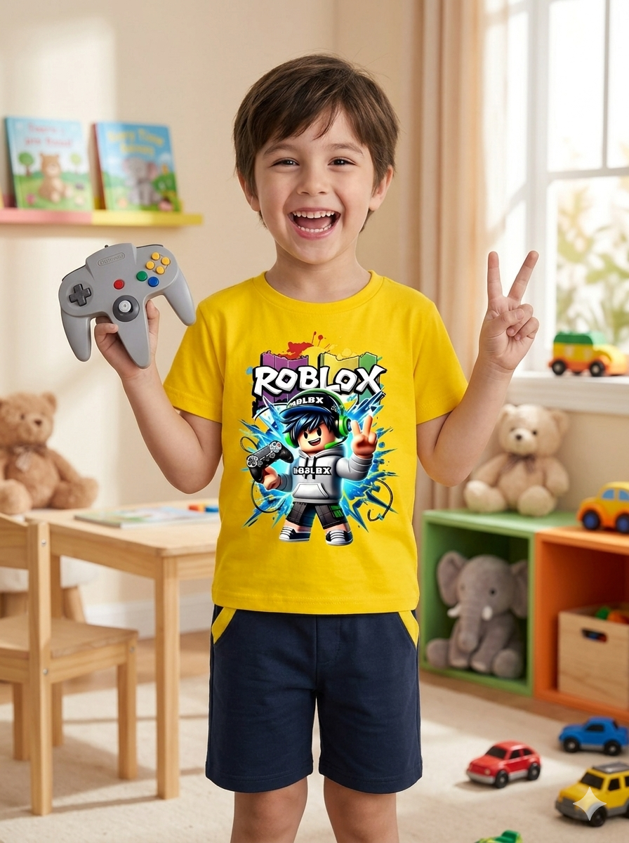 Menino com camiseta amarela ROBLOX e calções azuis a segurar comando de videojogo cinzento