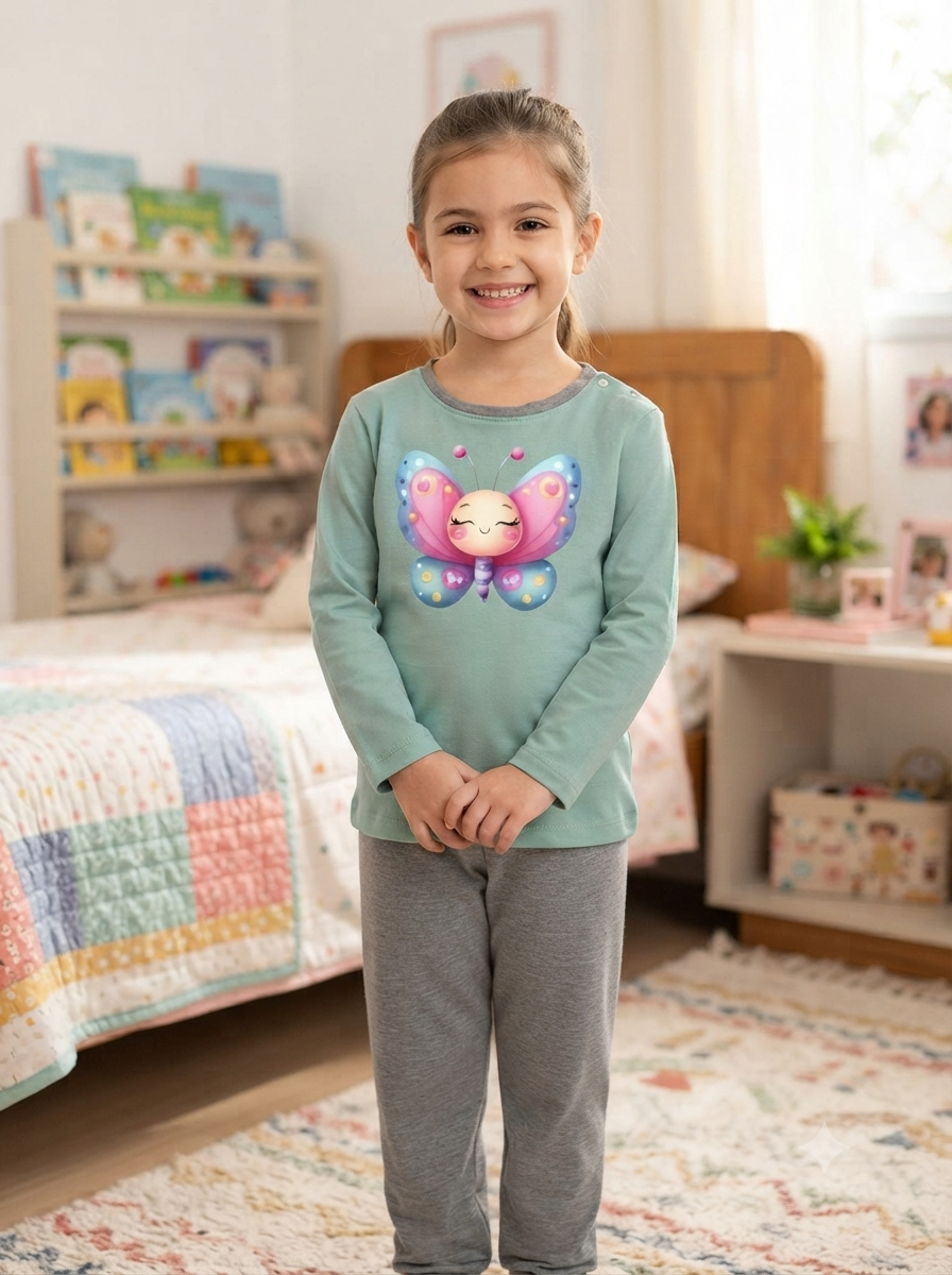 Menina com camisola verde clara com borboleta colorida e calças cinza num quarto infantil