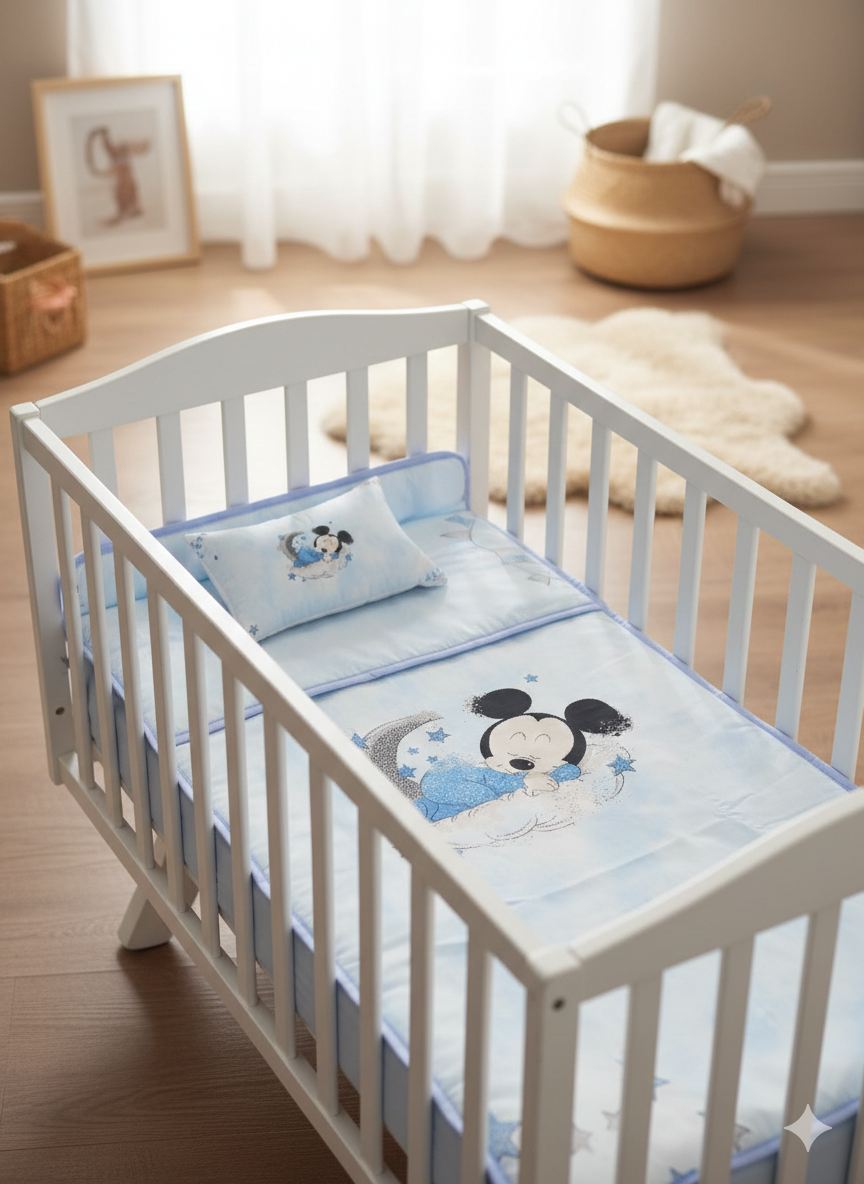 Berço branco com roupa de cama azul e estampa do Mickey Mouse a dormir em nuvem