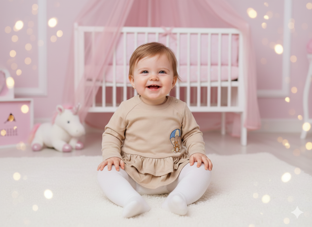 Bebé sorridente com vestido bege e meias brancas num quarto rosa com berço e peluche unicórnio.