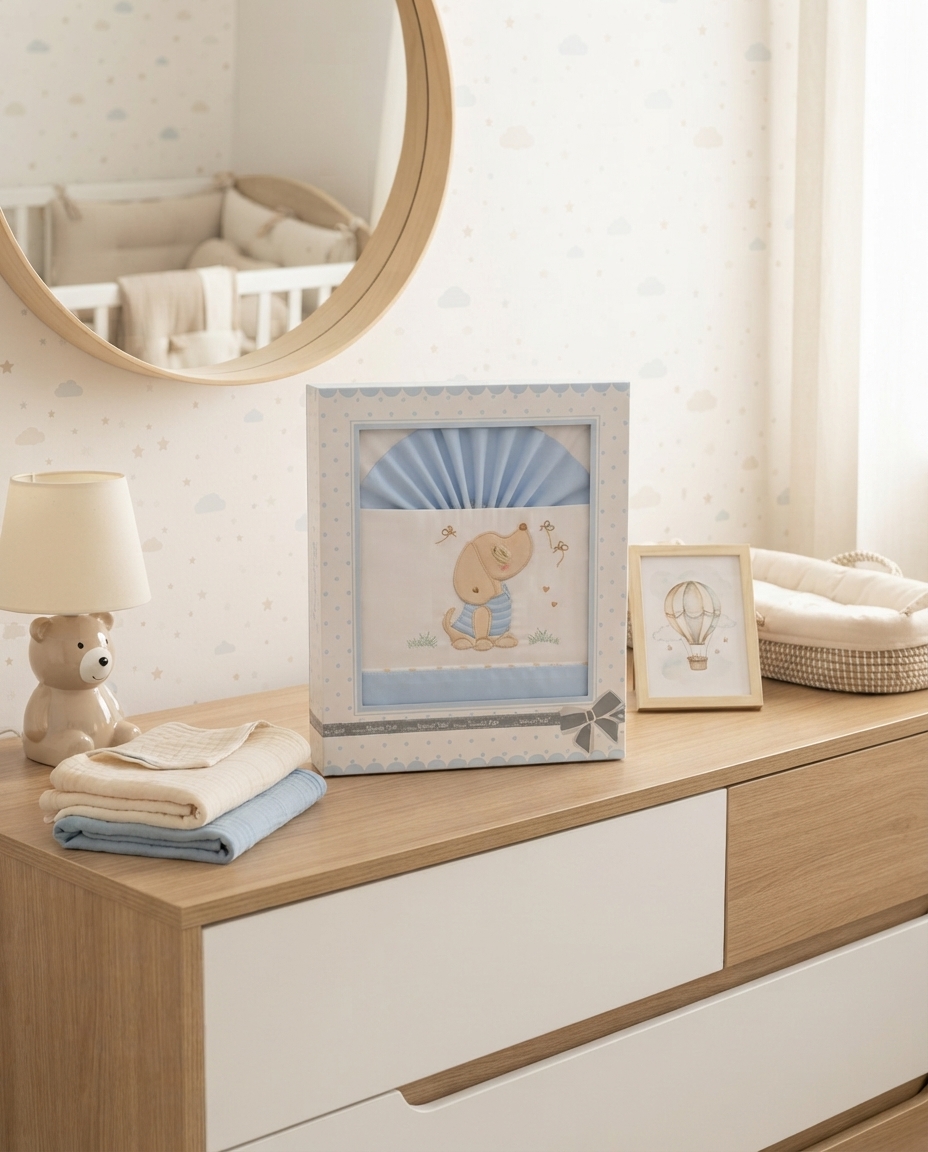 Cômoda com candeeiro em forma de urso, roupa azul e creme dobrada, caixa decorada com desenho de cão e moldura com ilustração de balão aerostático.