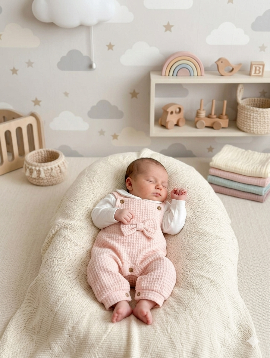 Bebé a dormir num sofá ergonómico creme num quarto com decoração de nuvens e estrelas, com brinquedos de madeira e mantas coloridas ao lado.