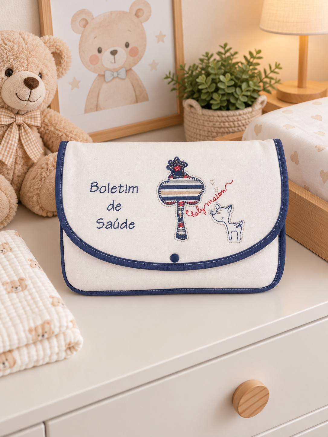 Bolsa organizadora branca com bordados e texto Boletim de Saúde