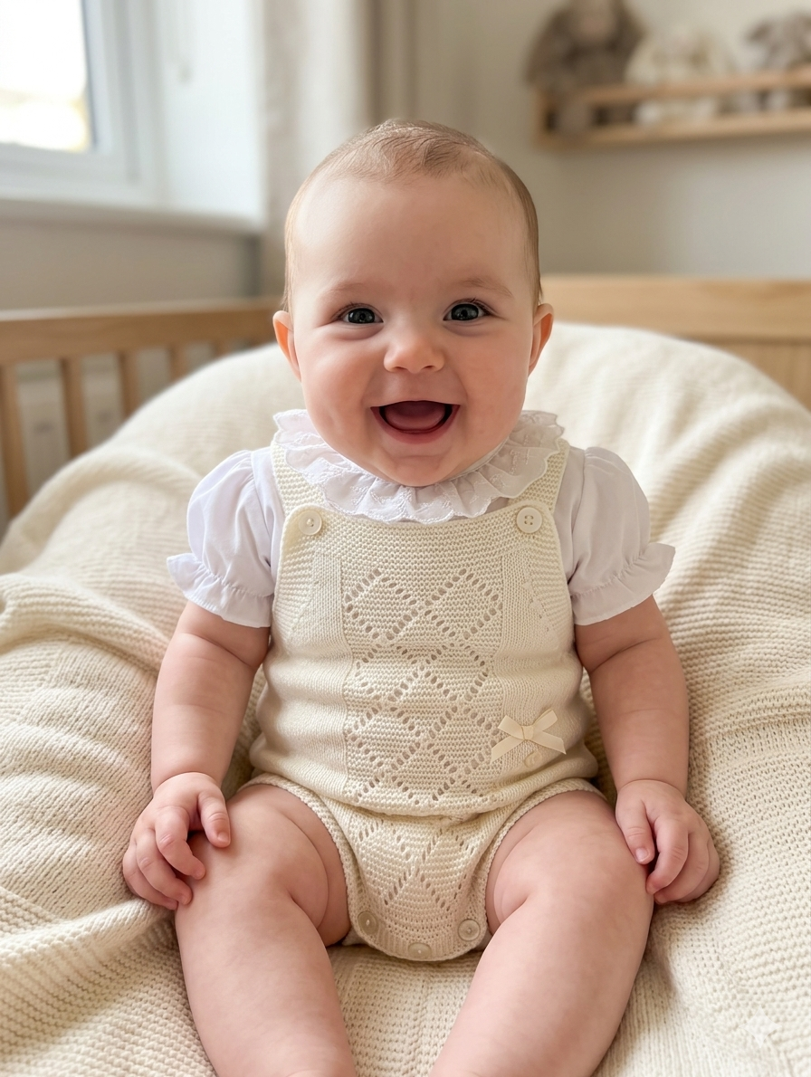 Bebé sorridente sentado num cobertor creme, vestido com body branco e babygrow de malha creme com padrão de losangos.