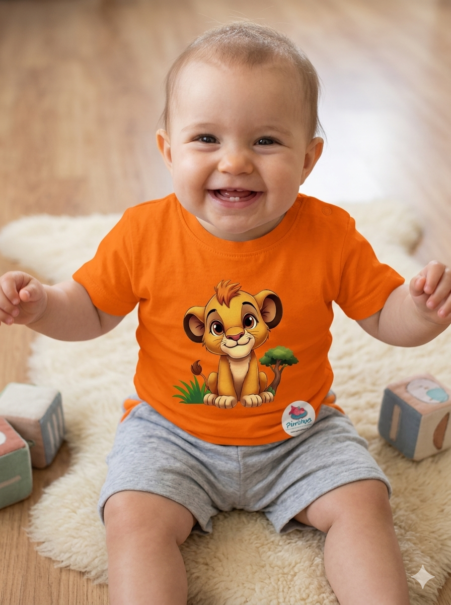 Bebé a sorrir com camisola laranja do Simba do Rei Leão e calções cinzentos