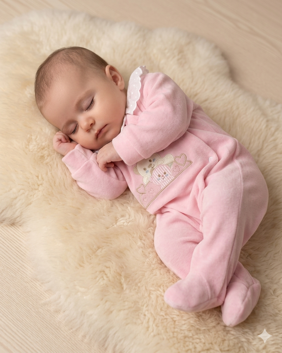 Bebé a dormir com pijama rosa em tecido macio sobre tapete felpudo creme
