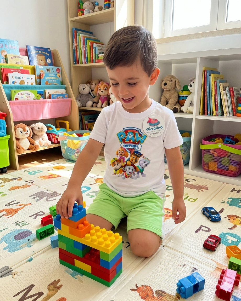 Menino a brincar com blocos de construção coloridos numa manta com letras e animais