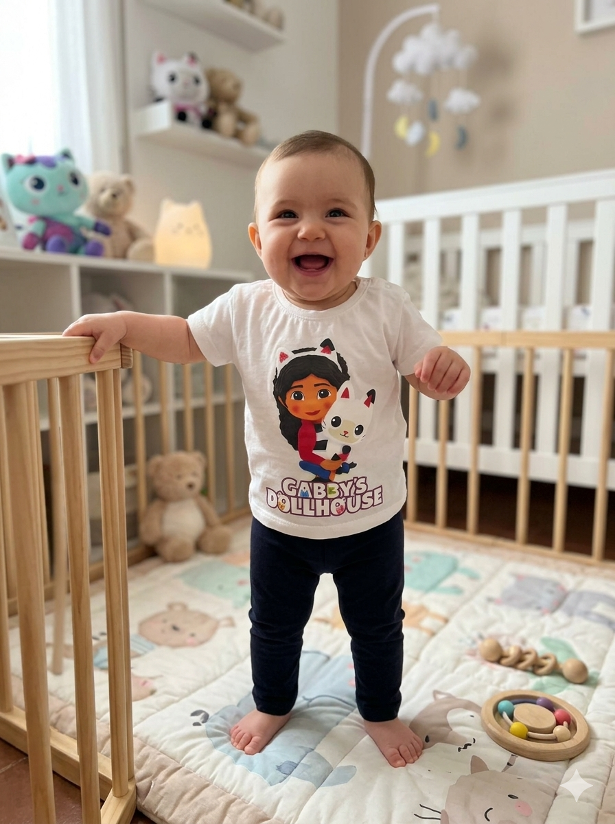 Bebé sorridente na cama de grades vestindo t-shirt branca com desenho GABBYS DOLLHOUSE e calças pretas